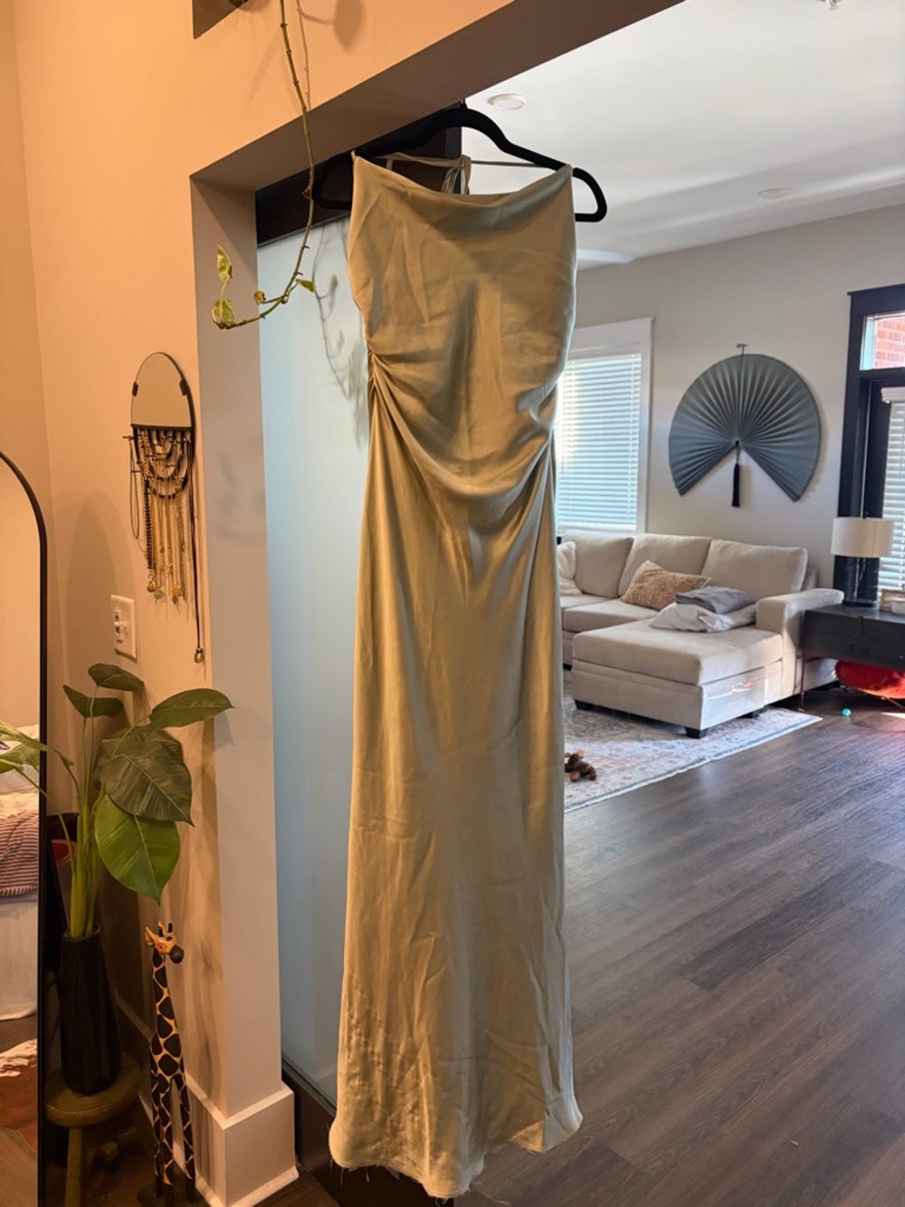 Anthropologie Open Back Satin Maxi Dress in Pale Sage